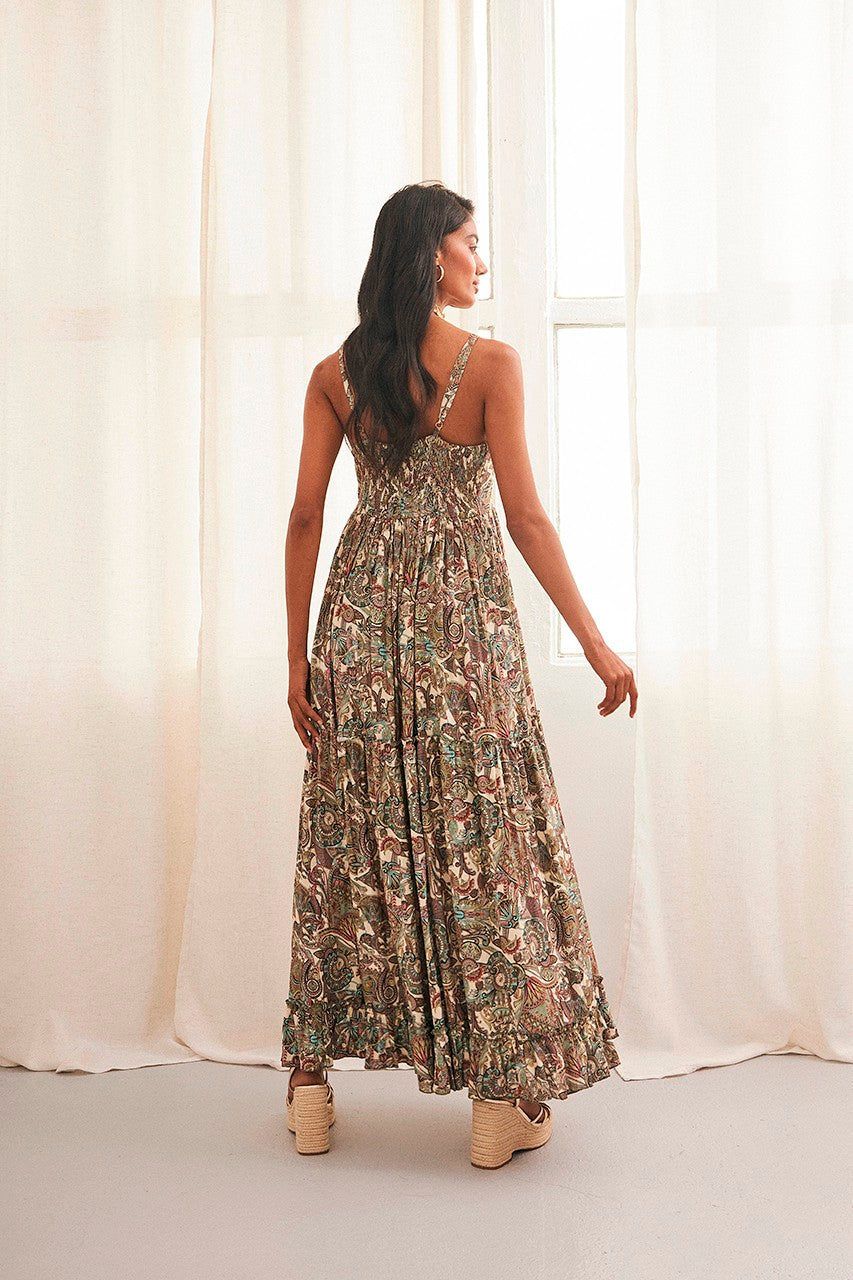 Printed Maxi Dress with Embroidered Neckline - Green