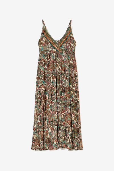 Printed Maxi Dress with Embroidered Neckline - Green