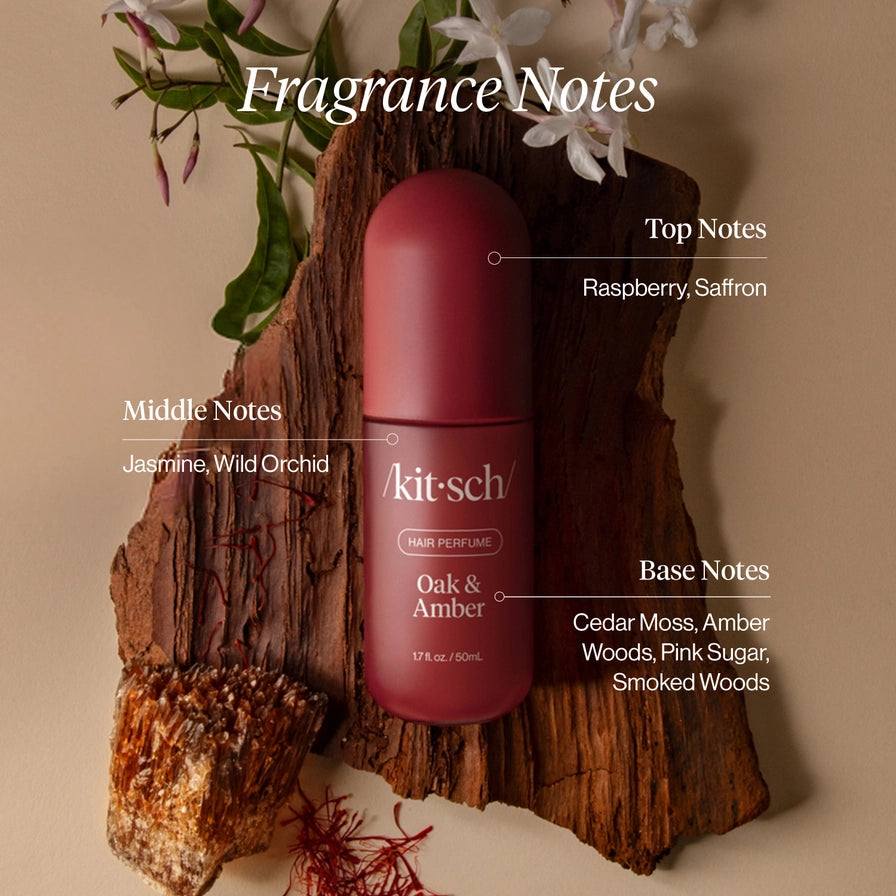 Kit-sch hair perfume bottle on a wooden block with floral elements and fragrance notes text.