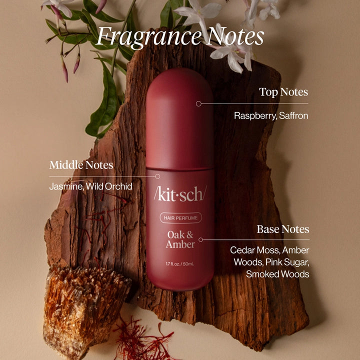 Kit-sch hair perfume bottle on a wooden block with floral elements and fragrance notes text.