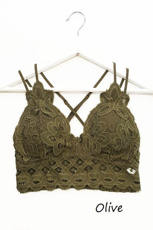 Plus Size Crochet &amp; Lace Long Line Bralette - Olive