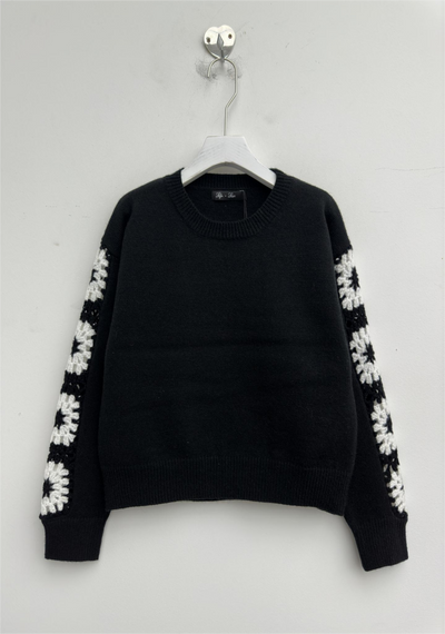 Crewneck Sweater with Crochet Sleeve - Black/White