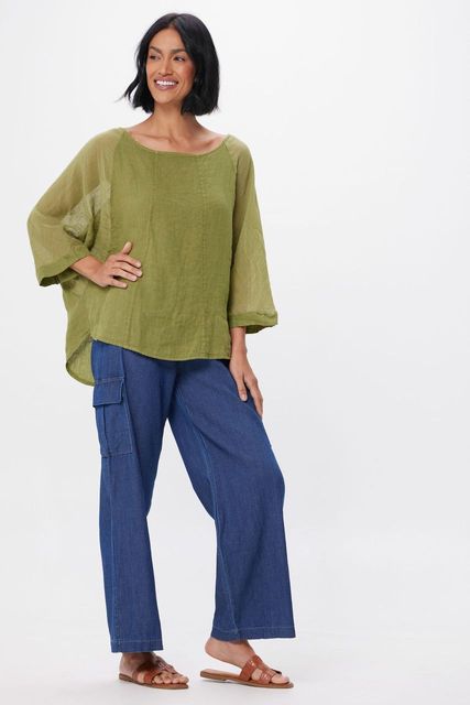 Linen Bat Wing Top with Sheer Sleeves