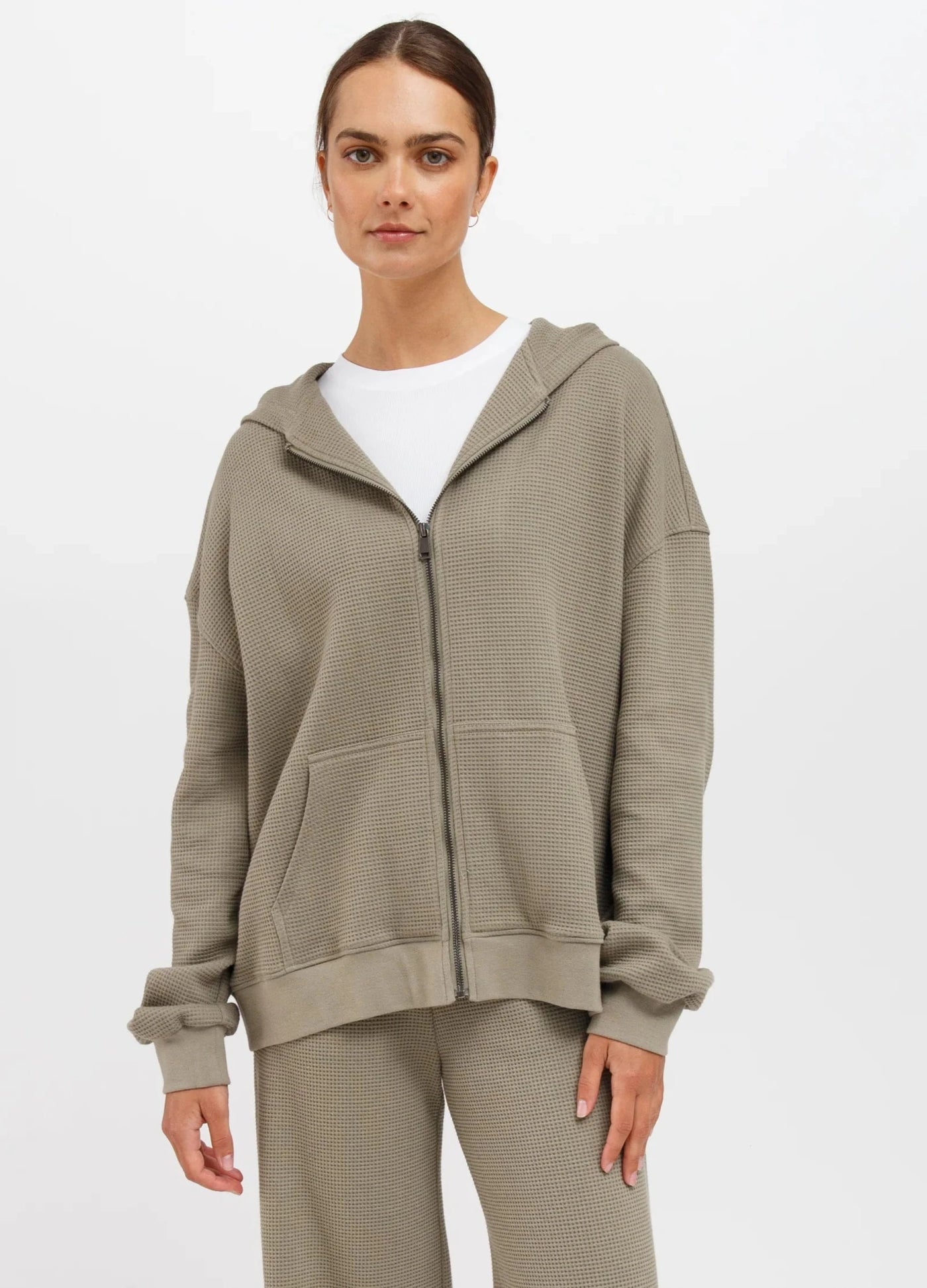 Waffle Oversized Zip-Up Hoodie - Olive