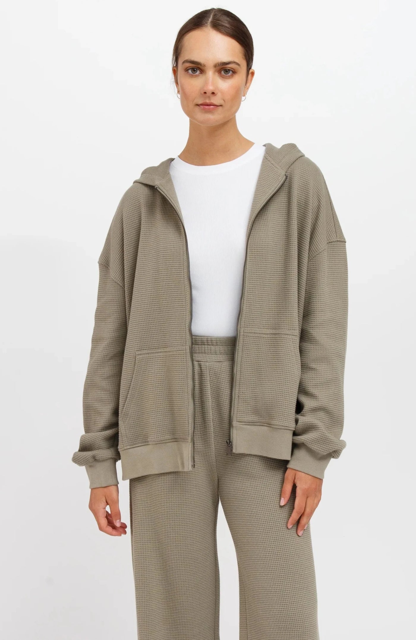 Waffle Oversized Zip-Up Hoodie - Olive