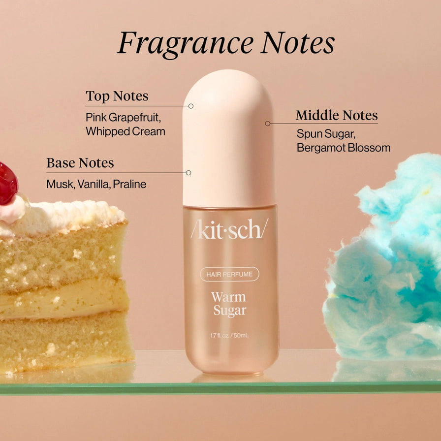 Kitsch perfume bottle with fragrance notes labeled next to a cake and cloud-like substance on a pink background