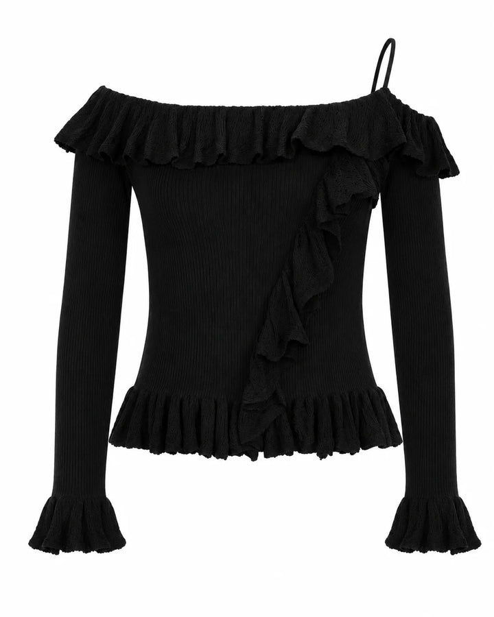 Nekane Off Shoulder Ruffled Jersey Top - Black