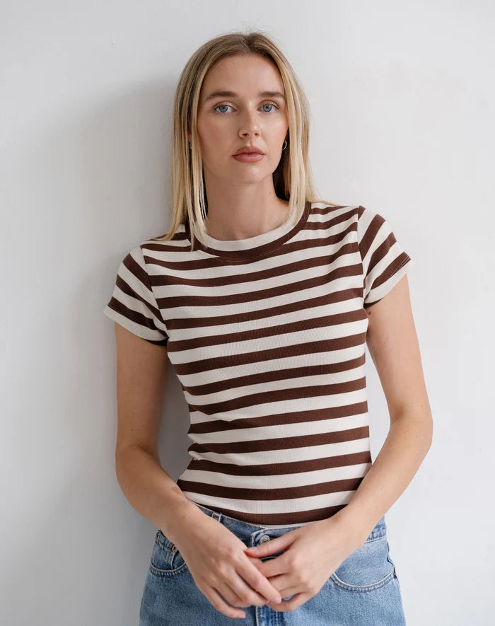 Ribbed Cap Sleeve Tee - Expresso with Cream