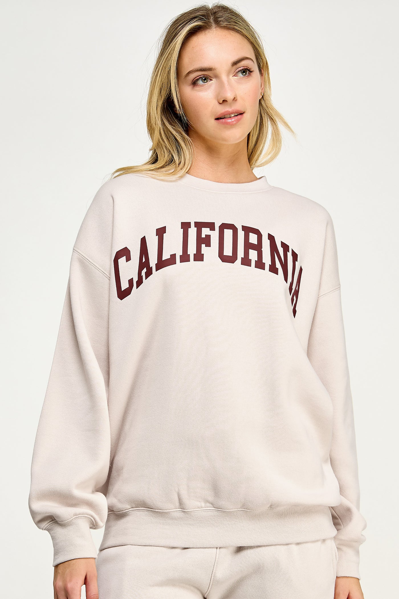 Fleece Relaxed Fit Oversized Sweatshirt with California Print - Beige