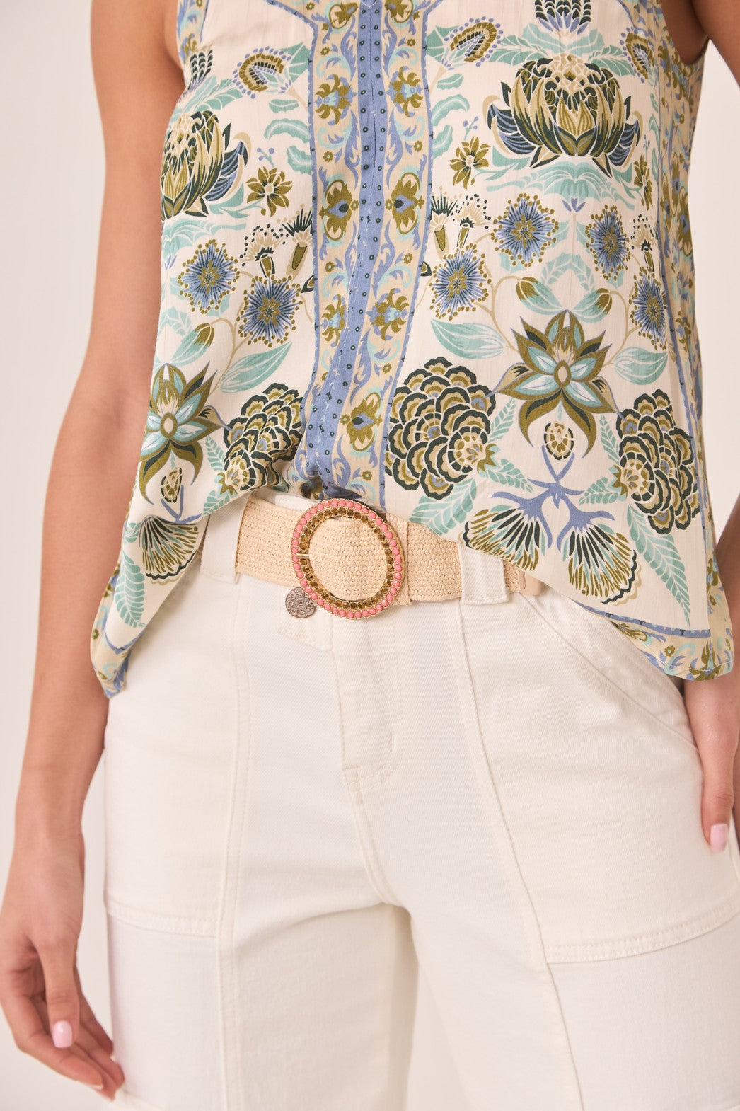 Rafia Belt with Gem Buckle - Ivory