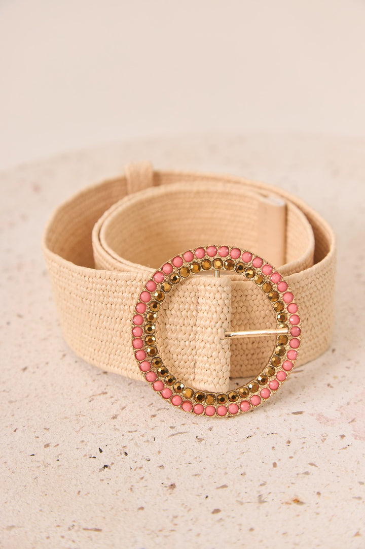 Rafia Belt with Gem Buckle - Ivory