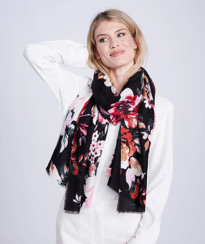 Black Red Floral Print Oblong Scarf with Raw Edges