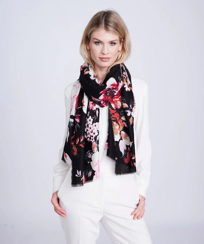 Black Red Floral Print Oblong Scarf with Raw Edges