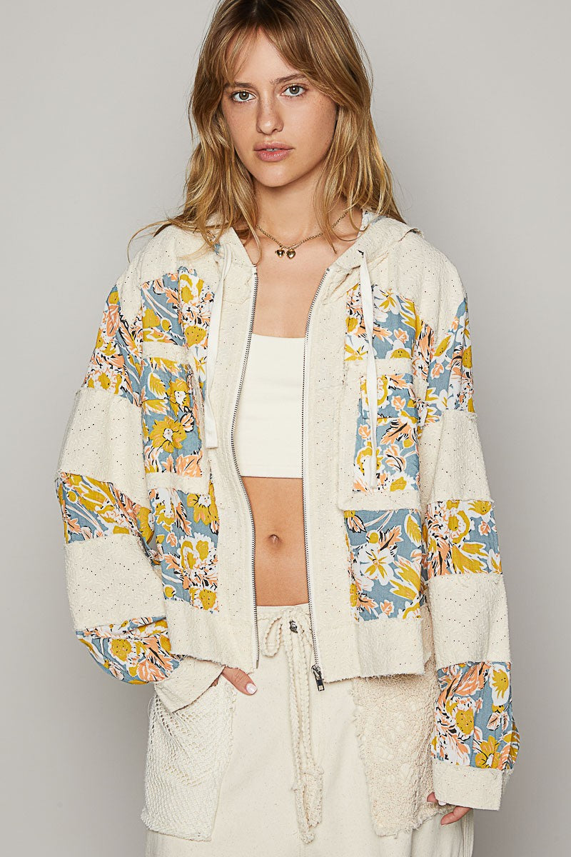 Balloon sleeve print patch zipper woven jacket - oatmeal/floral