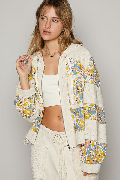 Balloon sleeve print patch zipper woven jacket - oatmeal/floral