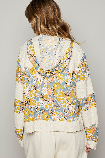 Balloon sleeve print patch zipper woven jacket - oatmeal/floral