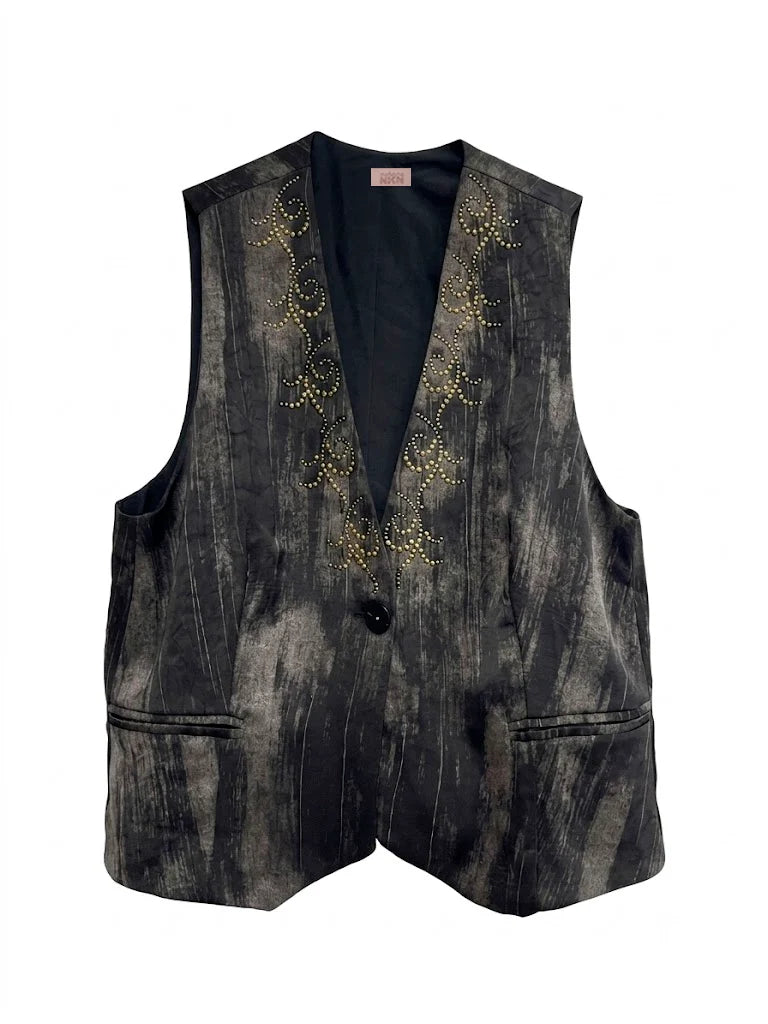 A black and gray textured vest with gold beaded floral embroidery on the front, featuring a single button closure and two front pockets, shown against a plain white background.
