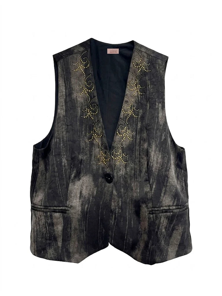 A black and gray textured vest with gold beaded floral embroidery on the front, featuring a single button closure and two front pockets, shown against a plain white background.