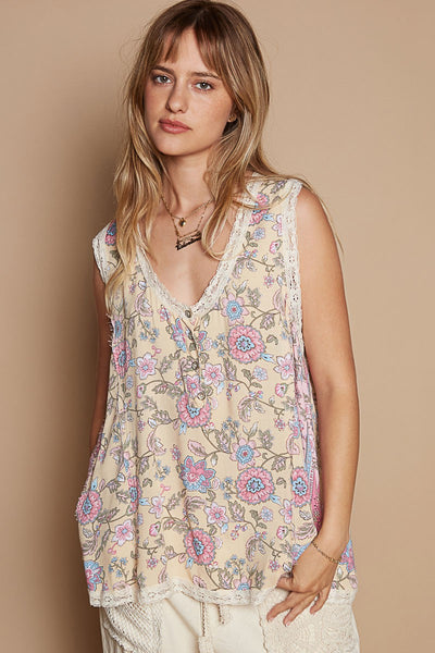 Round neck sleeveless printed floral woven top - yellow floral