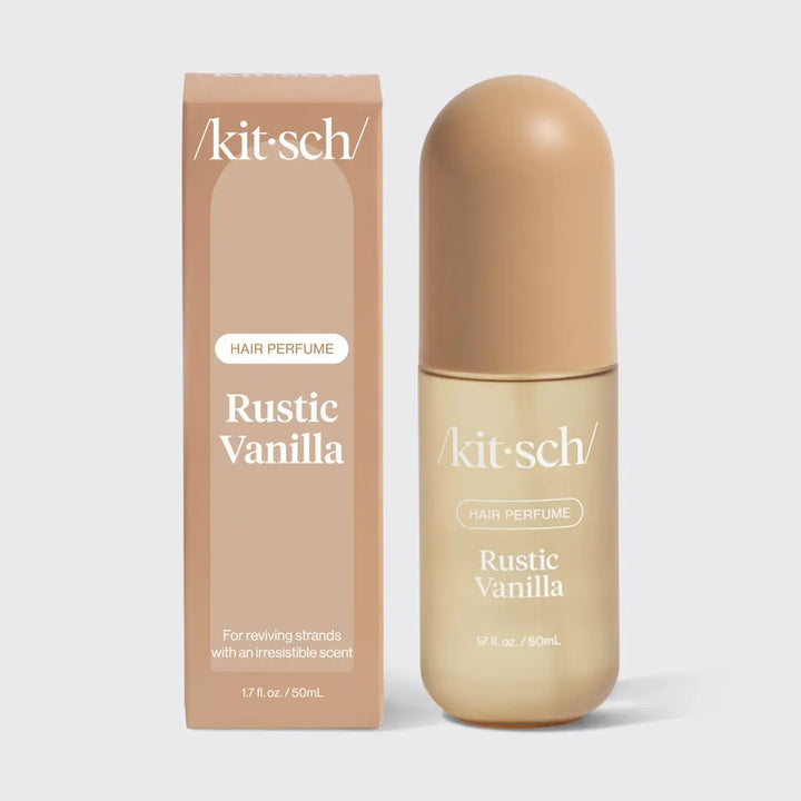 Kit-sch Rustic Vanilla hair perfume bottle and packaging on a white background