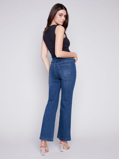 Wide Leg Pants with Front Button Plackets - Indigo