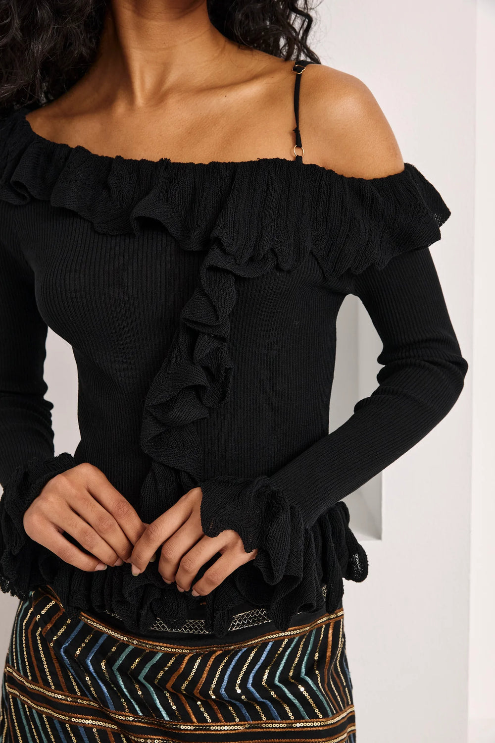 Nekane Off Shoulder Ruffled Jersey Top - Black