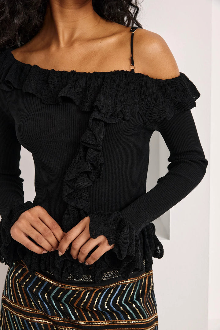 Nekane Off Shoulder Ruffled Jersey Top - Black