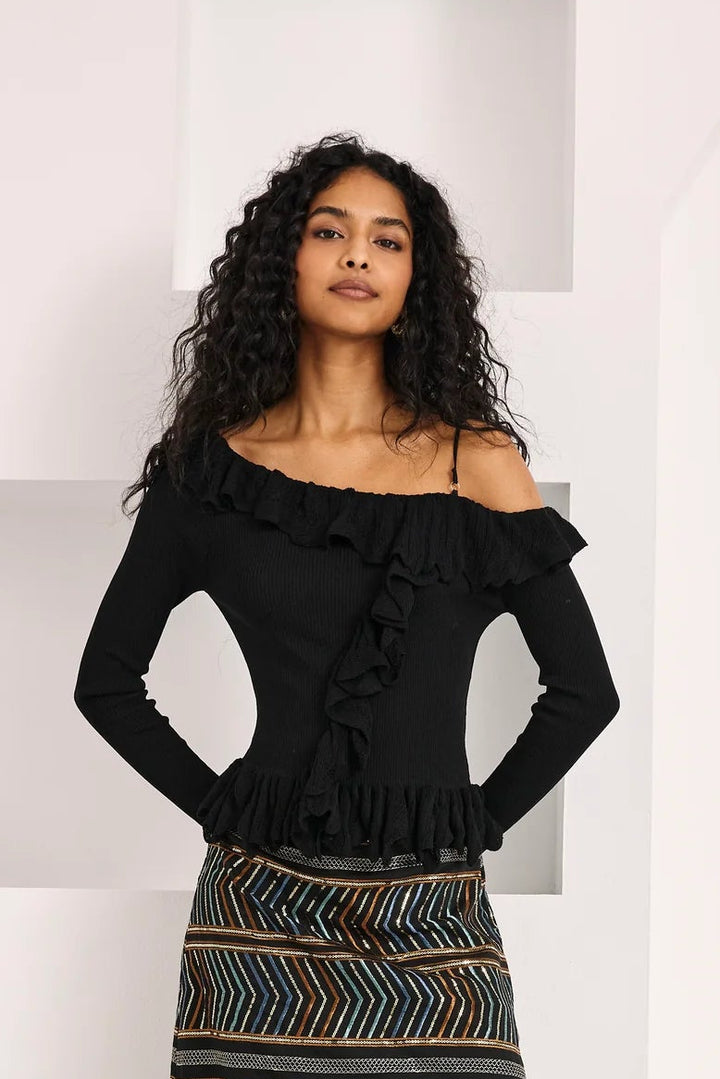Nekane Off Shoulder Ruffled Jersey Top - Black