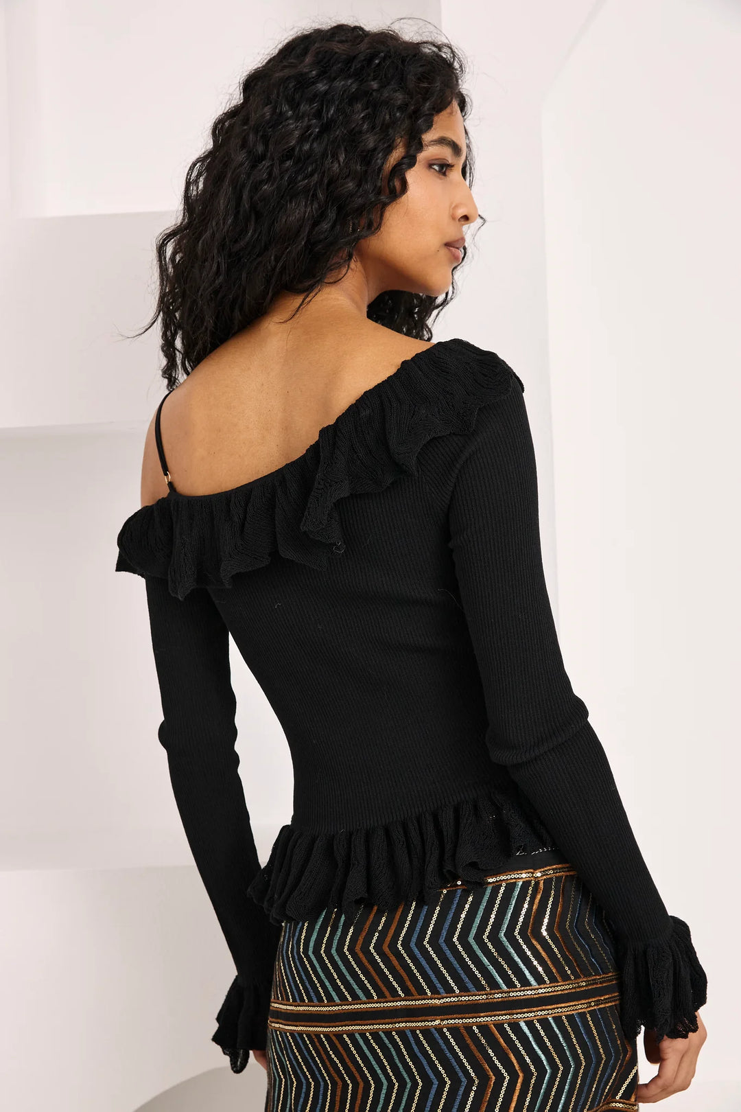 Nekane Off Shoulder Ruffled Jersey Top - Black