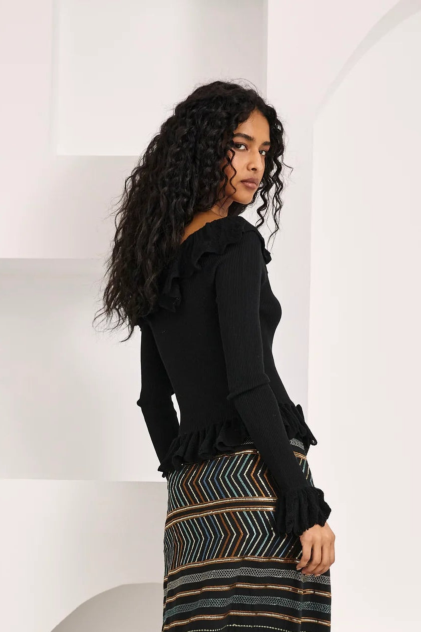 Nekane Off Shoulder Ruffled Jersey Top - Black