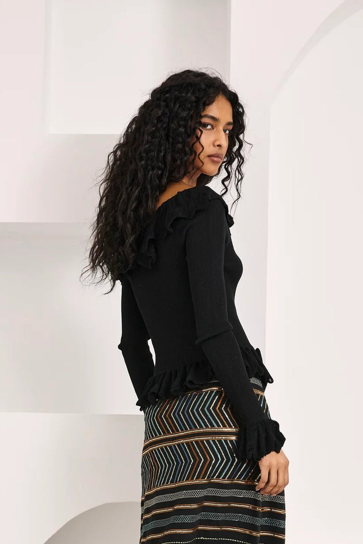 Nekane Off Shoulder Ruffled Jersey Top - Black