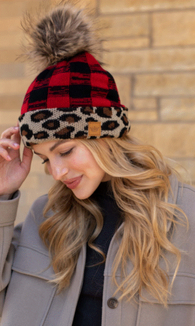 Red buffalo plaid with leopard trim fleece lined knit hat with pom detail - Ulla-La Boutique