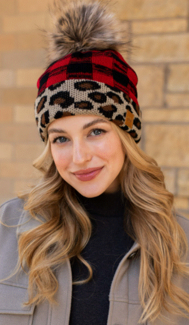 Red buffalo plaid with leopard trim fleece lined knit hat with pom detail - Ulla-La Boutique