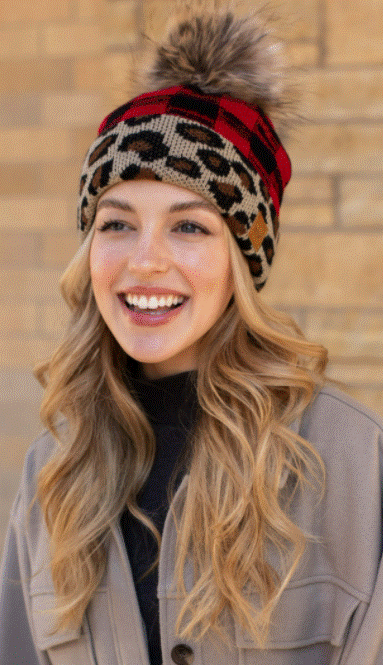 Red buffalo plaid with leopard trim fleece lined knit hat with pom detail - Ulla-La Boutique