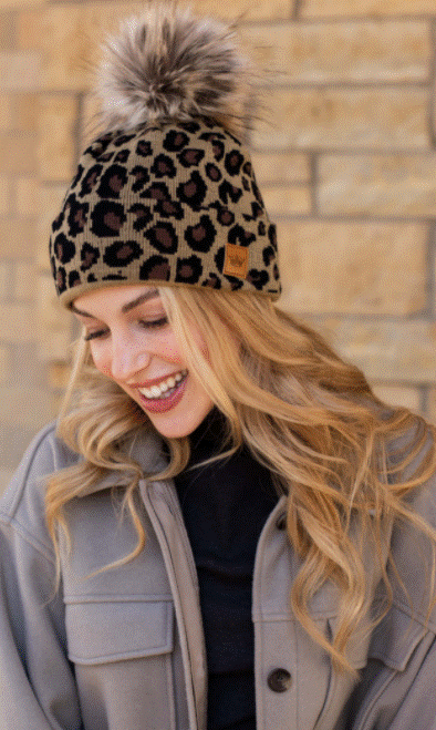 Leopard knit hat with pom detail - Ulla-La Boutique