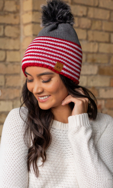 Red and white stripe with grey color block fleece lined knit hat with black faux fur pom detail - Ulla-La Boutique