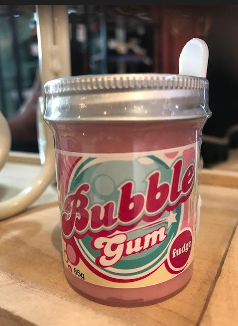 Bubblegum Fudge in a Jar with a Spoon