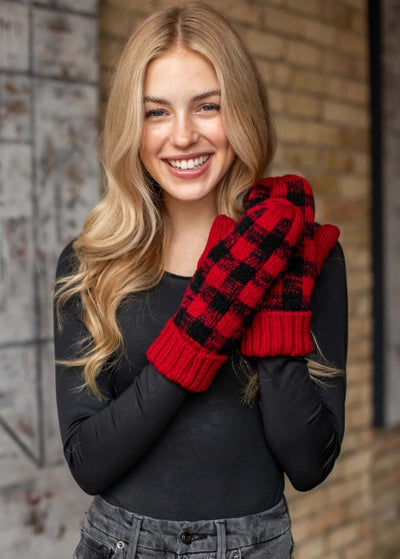 Red and black buffalo plaid knit mittens