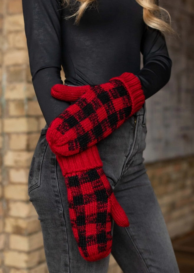 Red and black buffalo plaid knit mittens