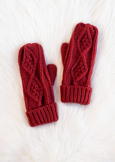 Dark red cable knit fleece lined mittens