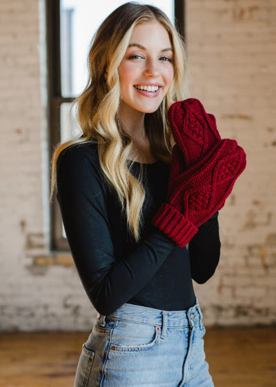 Dark red cable knit fleece lined mittens