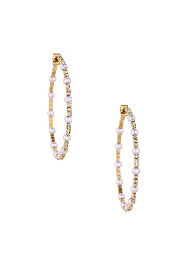 A Mermaids Pearl and Crystal Dotted 18k Gold Plated Hoop Earrings