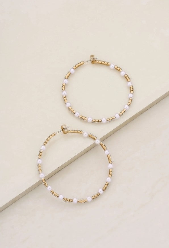 A Mermaids Pearl and Crystal Dotted 18k Gold Plated Hoop Earrings
