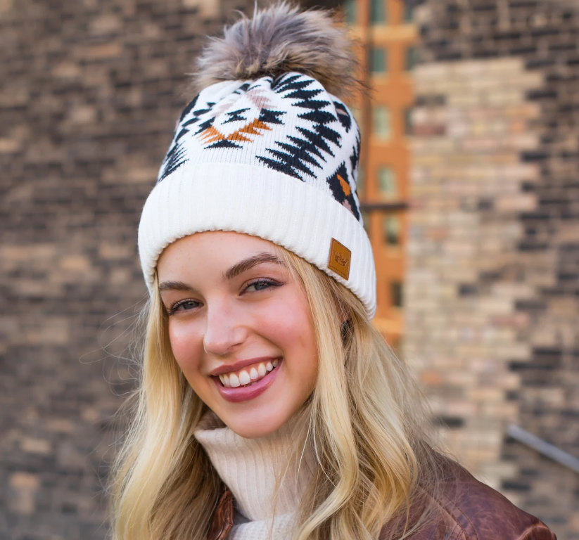 Cream, black & rust tribal pattern knit hat with pom accent