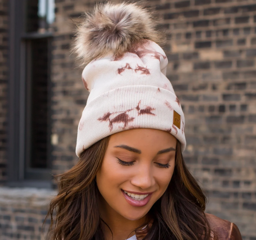 Cream & tan tie dye knit hat pom with pom accent