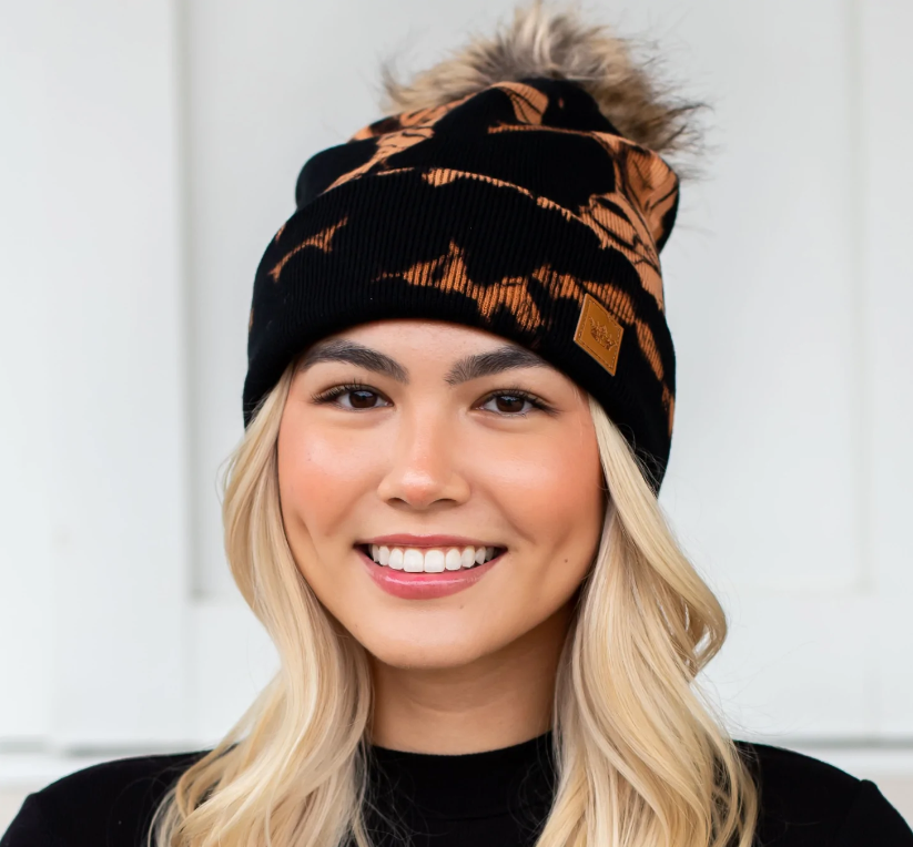 Black and brown tie dye knit pom hat