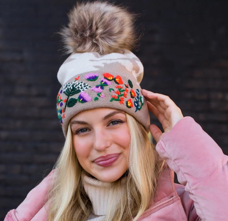 Tan camo knit hat with hand stitched floral pattern