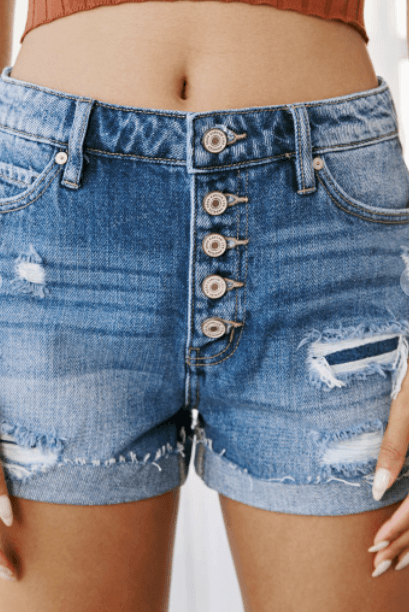 KanCan High Rise Mended Shorts // Medium Blue - Ulla-La Boutique